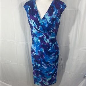 Lauren Ralph Lauren Blue Sheath Midi Dress V-Neck Sleeveless Size 10